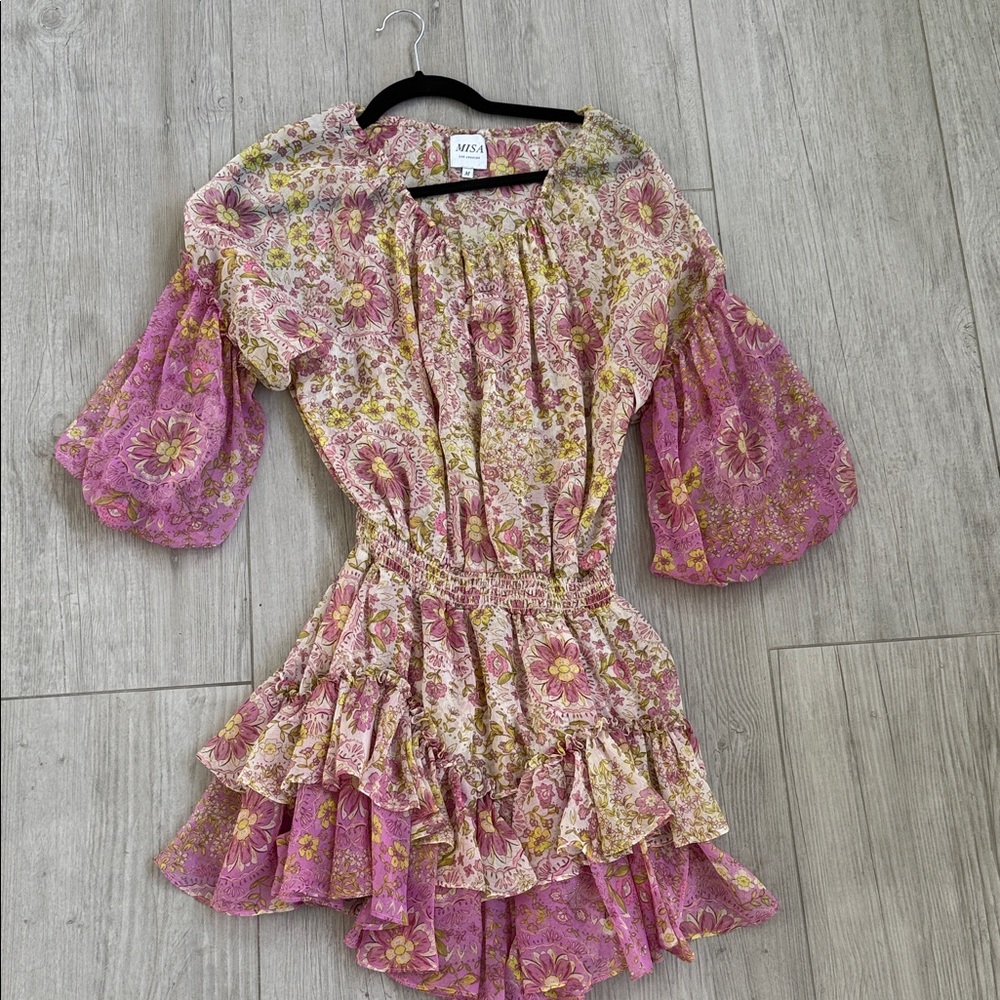 Misa Los Angeles Pink and Cream Floral Tiered Ruffle Kids Dress